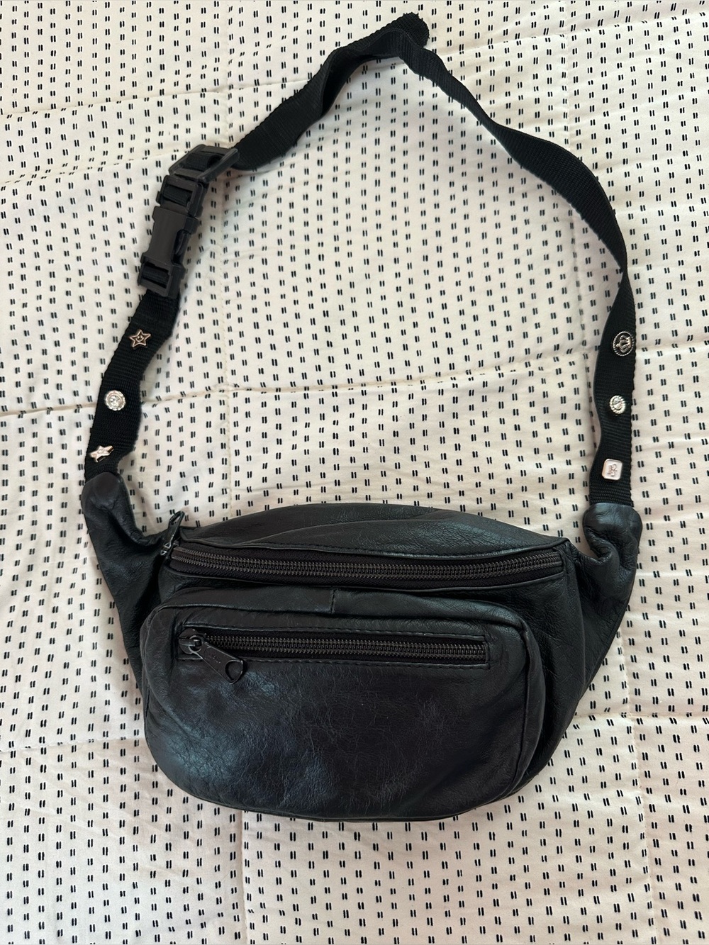 Black Leather Waist/Belt Bag. Vintage 1980’s. Removable Decorative Pins Added
